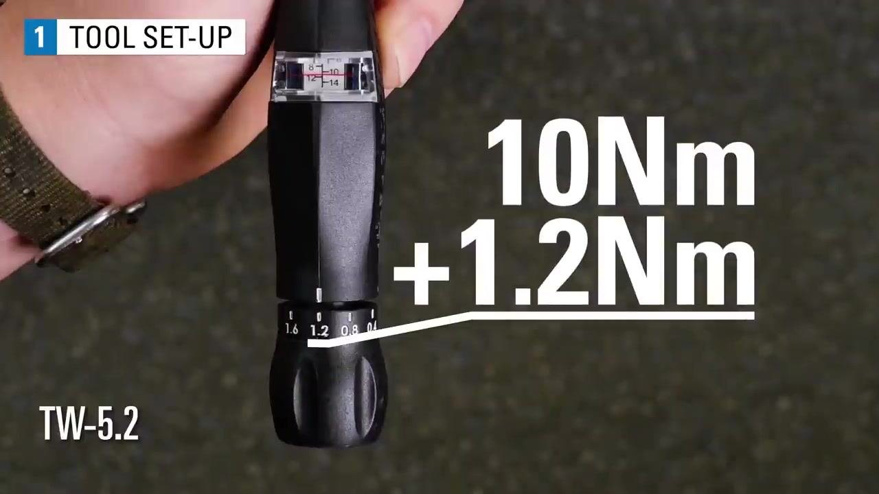 Close-up of the TW-5.2 handle showing the torque scale window at 10 Nm and the adjustment dial at 1.2, labeled "10Nm + 1.2Nm."