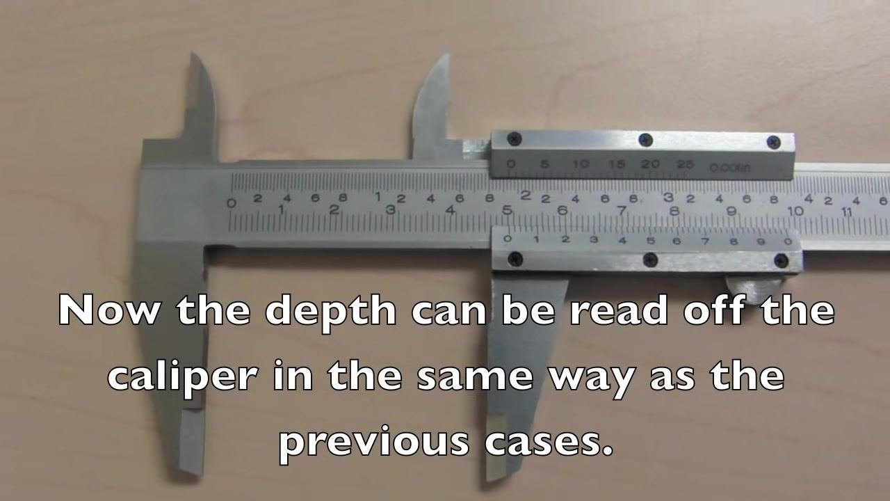 A hand uses a vernier caliper to measure the depth of a tape roll, with on-screen text: "The depth of an object can be measured like so."