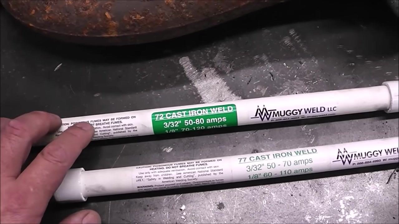 A hand points to the "72 Cast Iron Weld" and "77 Cast Iron Weld" rods, highlighting their specifications and intended uses.