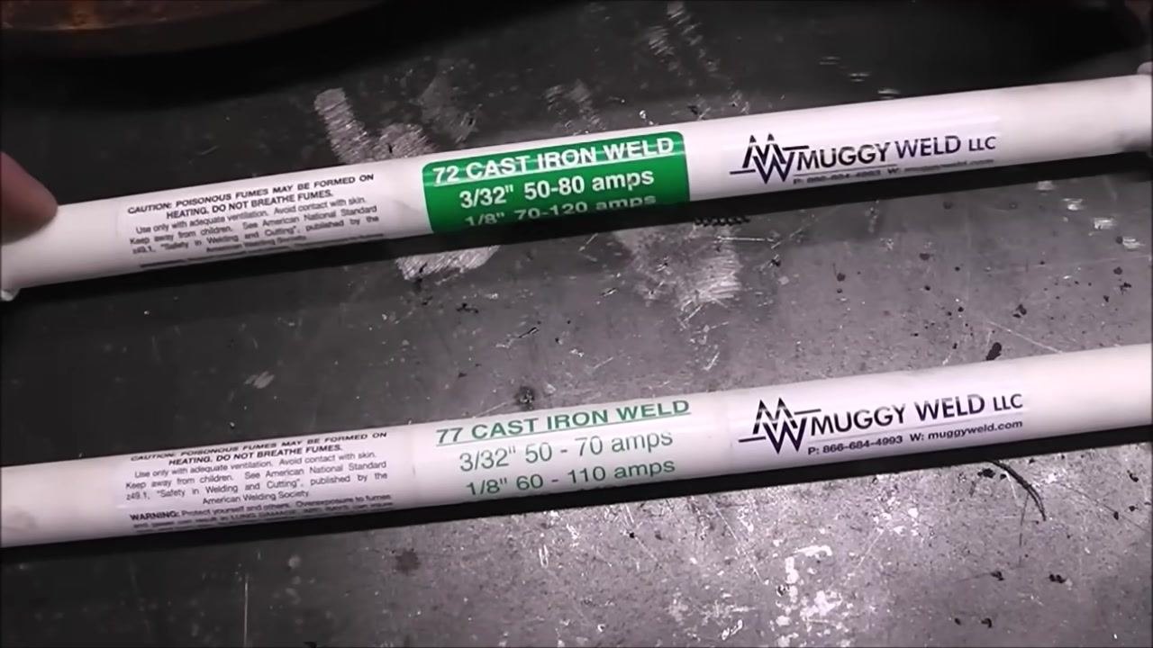 A hand points to the "77 Cast Iron Weld" rod, emphasizing its properties and resistance to cracking.
