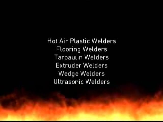 List of TECHSPAN welding equipment and heater products displayed on screen, with a fire graphic at the bottom