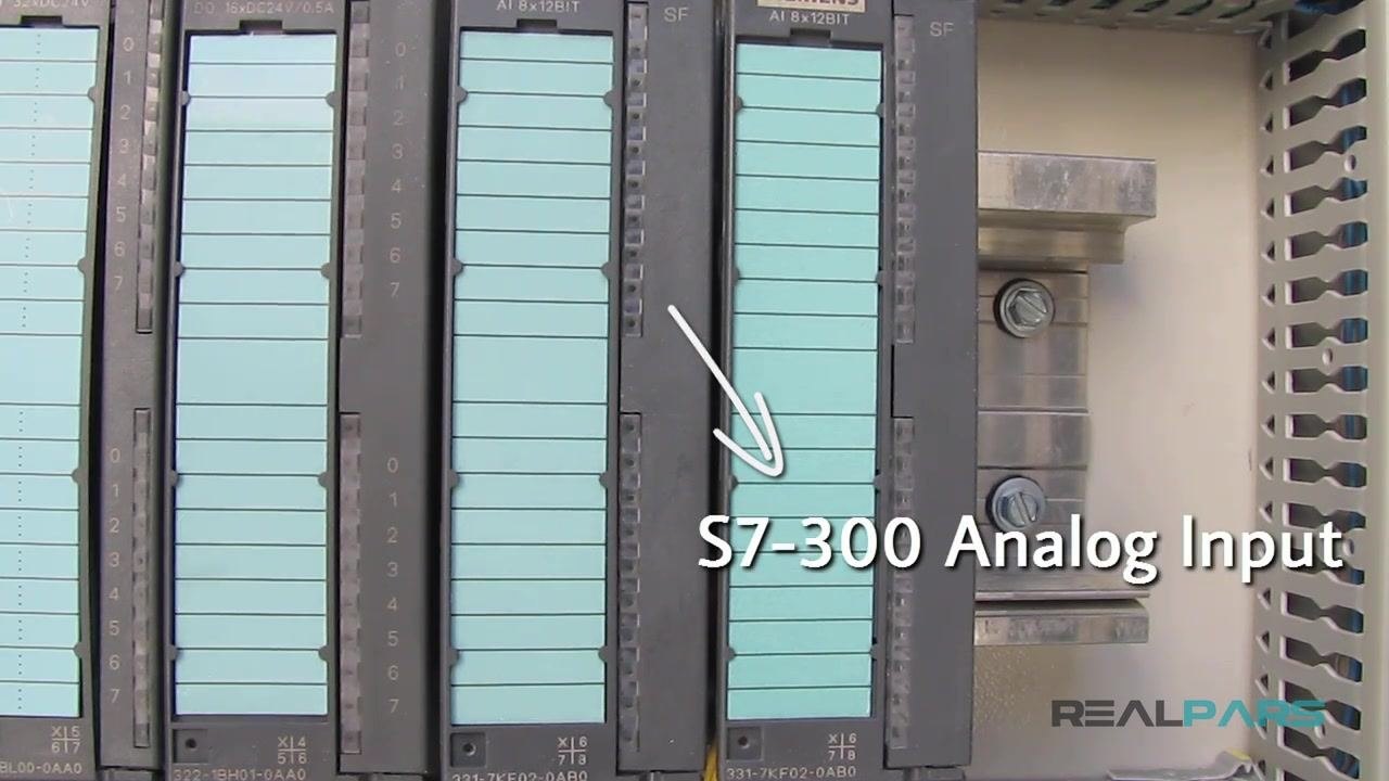 Close-up of Siemens PLC modules with green indicator LEDs, listing the field device categories: switches, valves, temperature transmitters, and pressure transmitters.