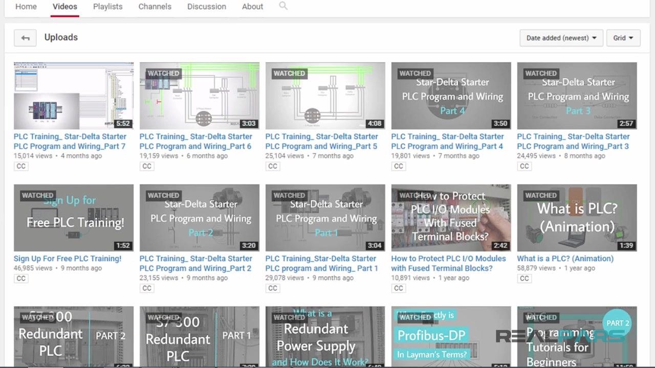 YouTube video page for "PLC Training_ Star-Delta Starter PLC Program and Wiring_Part 5" by RealPars. The video has 25,104 views, 708 likes, and 2 dislikes. The description and comment section are visible.
