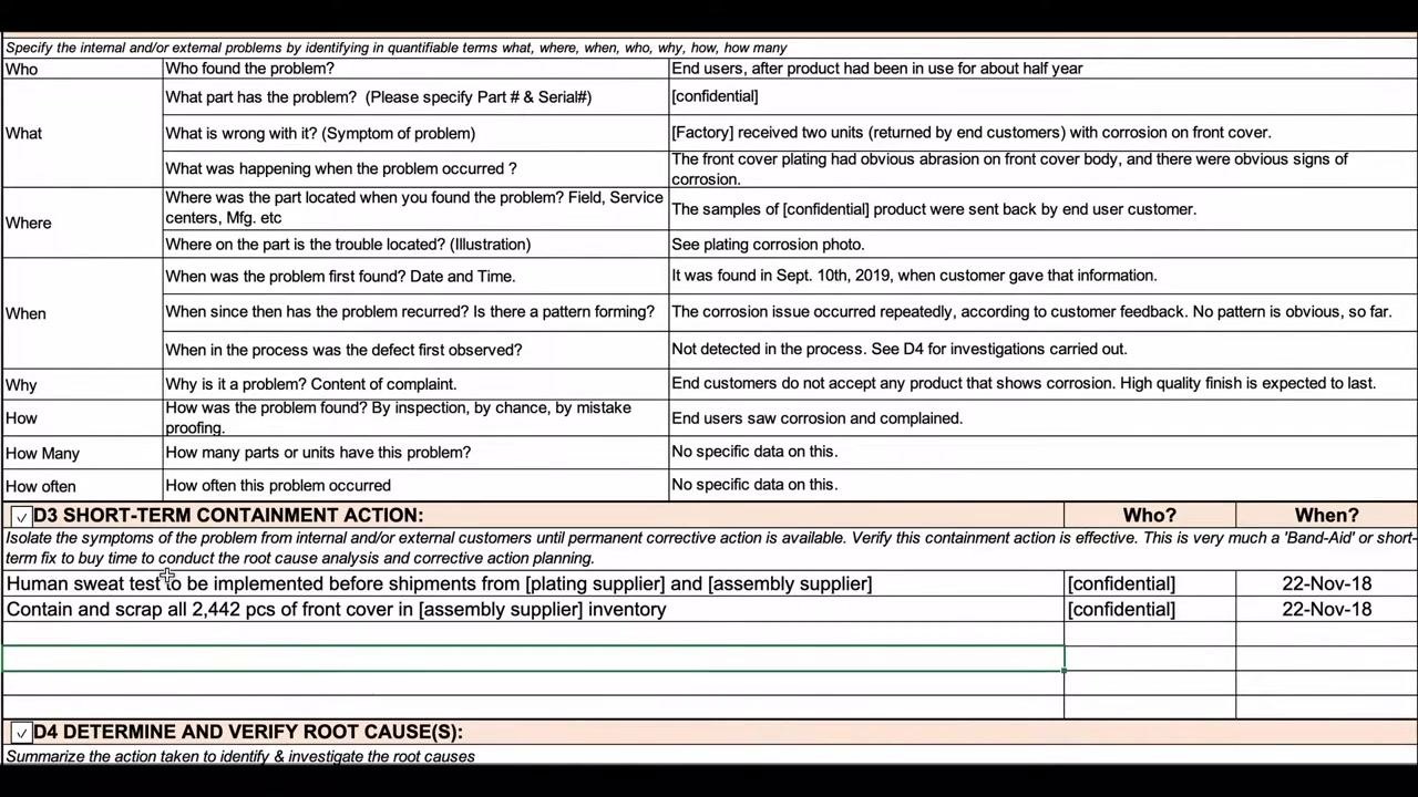 Screen capture of the problem identification and containment table with all fields filled, including Who, What, Where, When, Why, How, How Many, and How Often, with D3 short-term containment actions listed below.