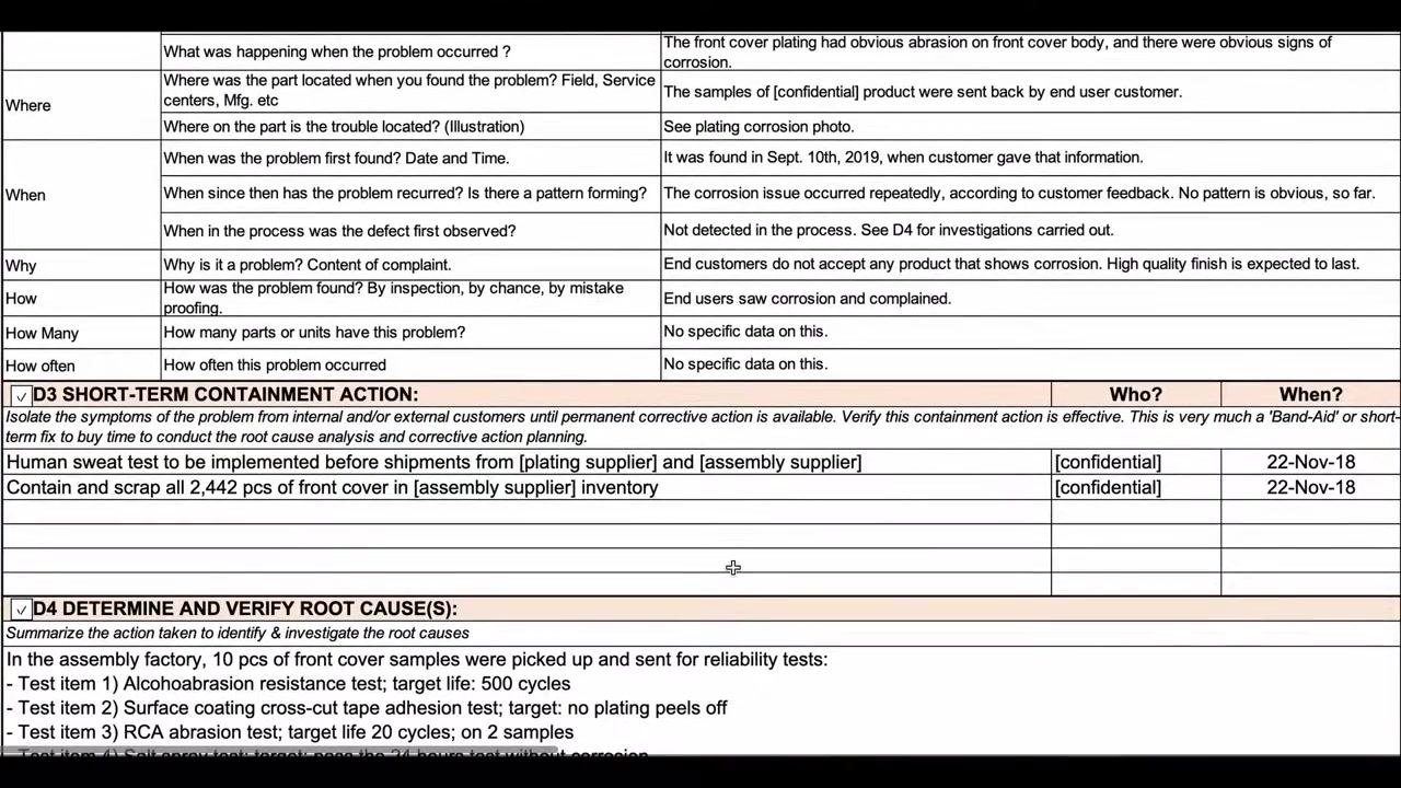 Screen capture showing the D3 short-term containment actions alongside the D4 root cause analysis fields.