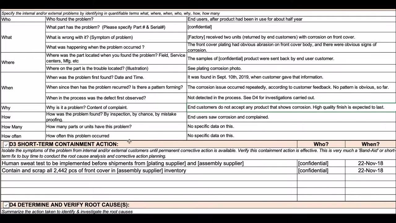Screen capture showing the human sweat test containment action recorded with its responsible party and date.