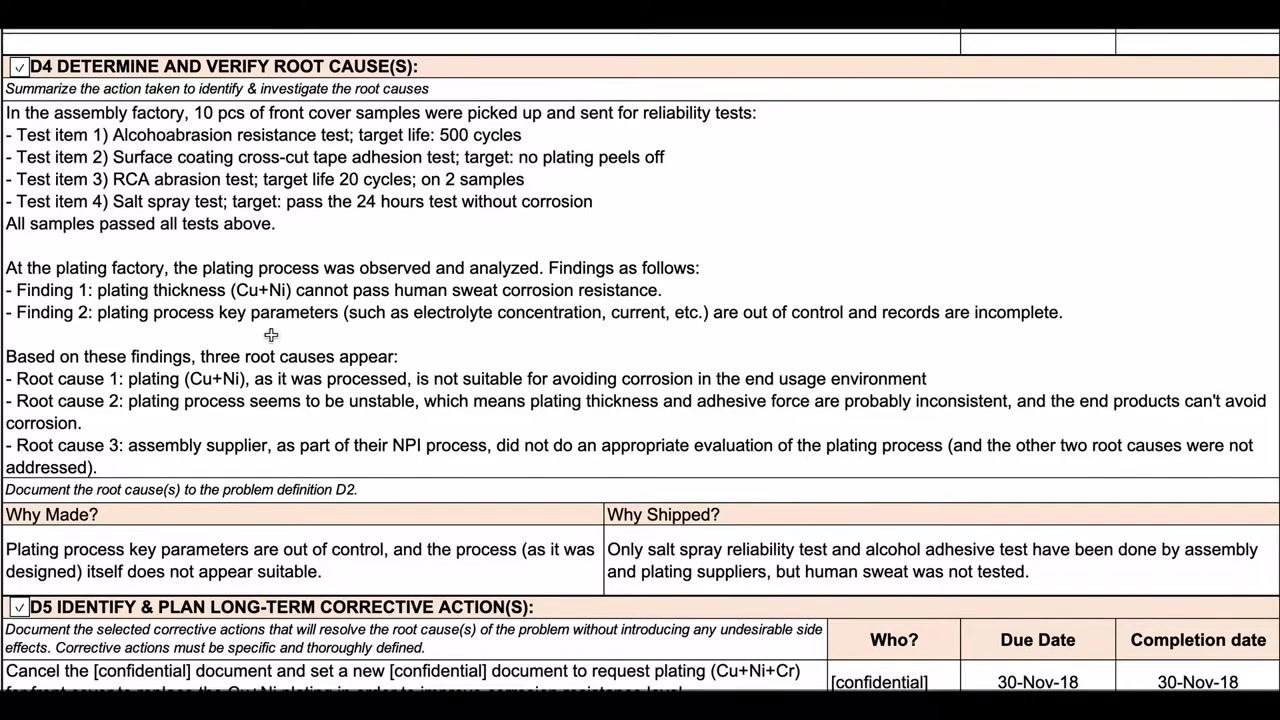 Screen capture of the long-term corrective action plan section, showing the change to the plating specification, responsible party, and due and completion dates.