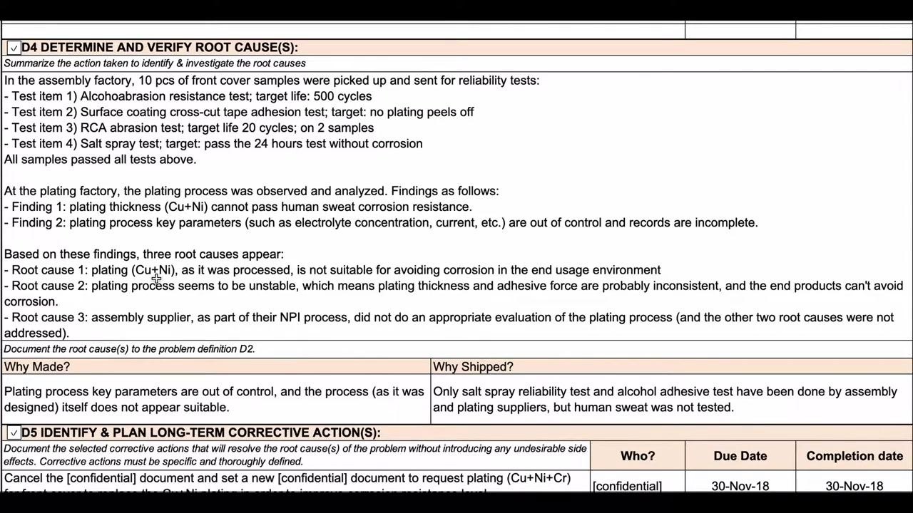 Screen capture of a corrective action report showing D4 root cause analysis alongside D5 corrective action planning, with all technical fields filled in.