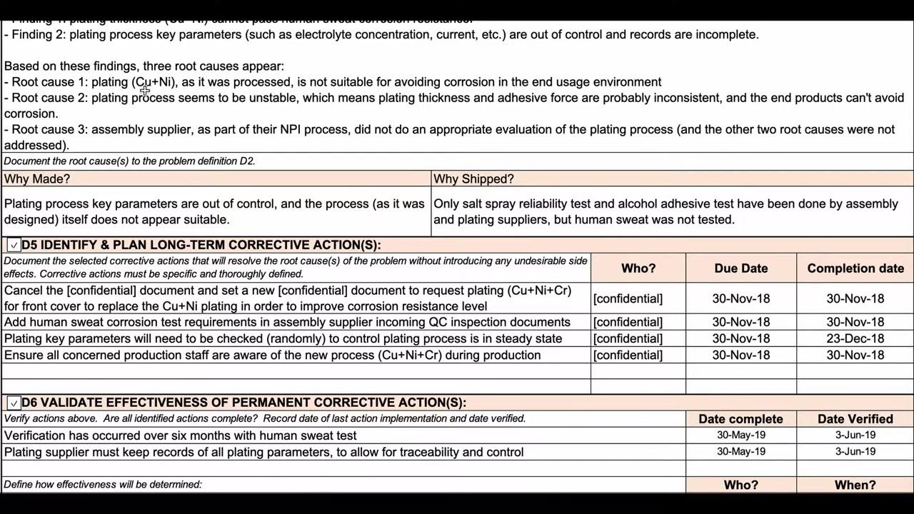Screen capture of the D5 and D6 corrective action tables, illustrating how duplicating files for each discipline keeps the process organized.