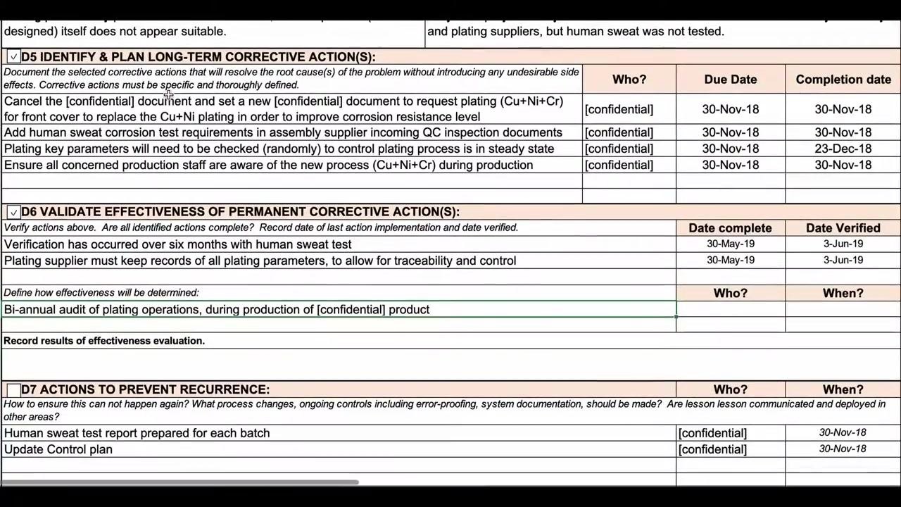 Screen capture of the D7 actions to prevent recurrence, including responsible parties, completion dates, and document update checkboxes.