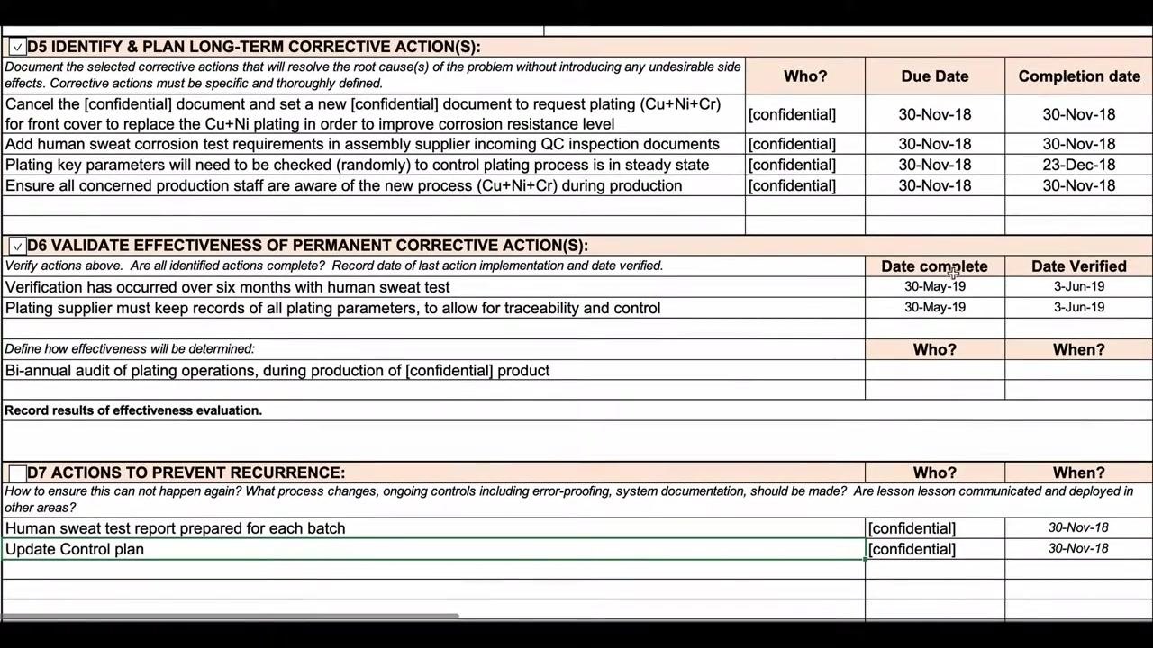 Screen capture of the D6 validation section alongside the D7 preventive actions, showing audit and documentation requirements together.