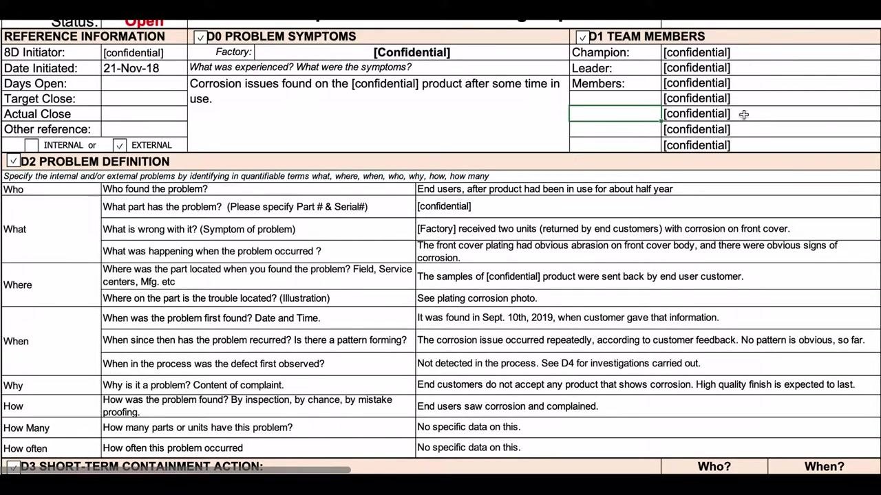 Screen capture of the 8D report during team assembly, showing the fields for assigning Champion, Leader, and Members.