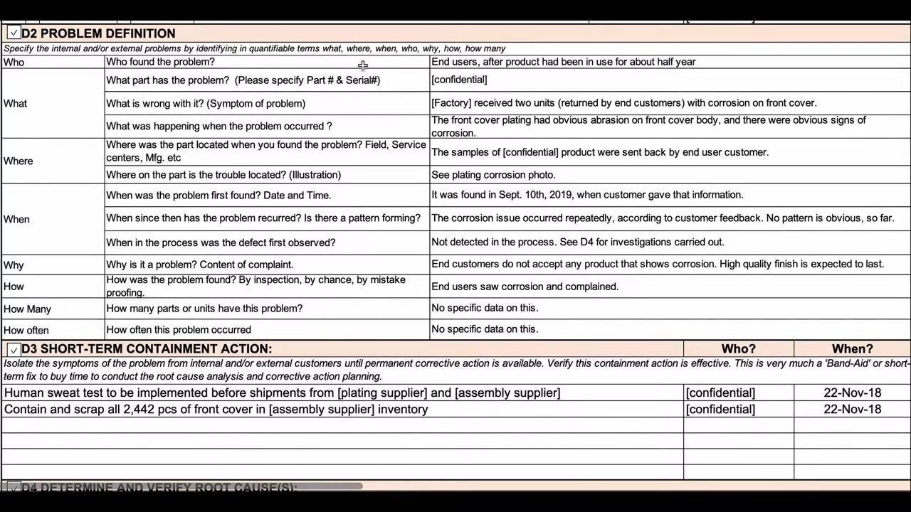 Screen capture showing the "what was happening" field of the D2 table describing abrasion and corrosion on the front cover.