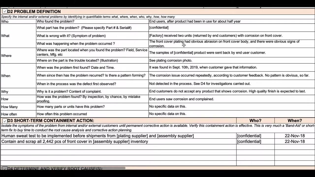 Screen capture showing the "how was the problem found" field, noting that end users saw corrosion and complained.