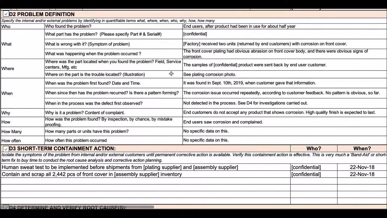 Screen capture showing a review pass over the completed D2 table, checking each field for clarity and specificity.