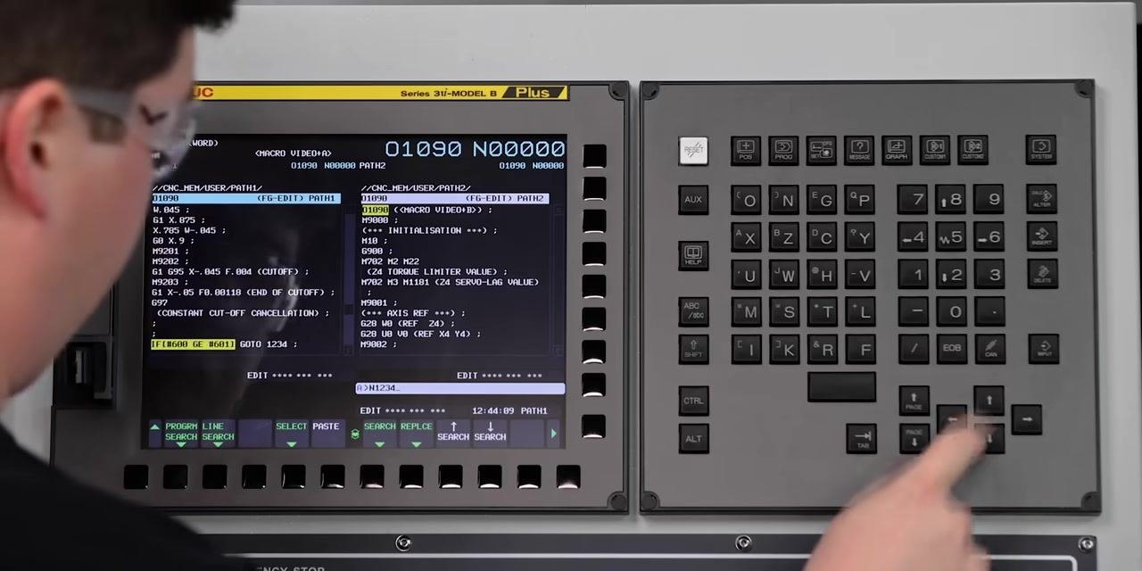 CNC operator searching for sequence number N1234 on a FANUC Series 31i-MODEL B Plus control panel, with the search bar showing ^N1234. and the IF statement highlighted