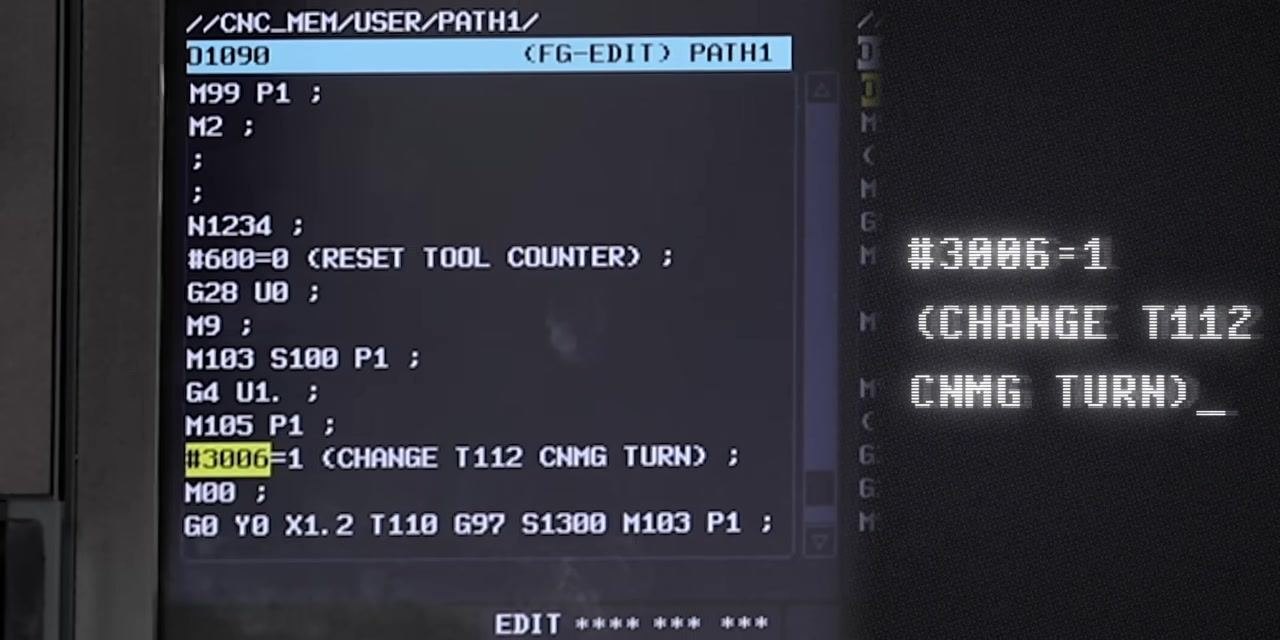 CNC screen showing #3006=1 (CHANGE T112 CNMG TURN); with the message displayed