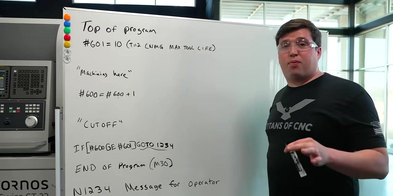 Whiteboard diagram outlining the CNC program logic for tool life management, including variable initialization, the increment line, cutoff, and the conditional jump