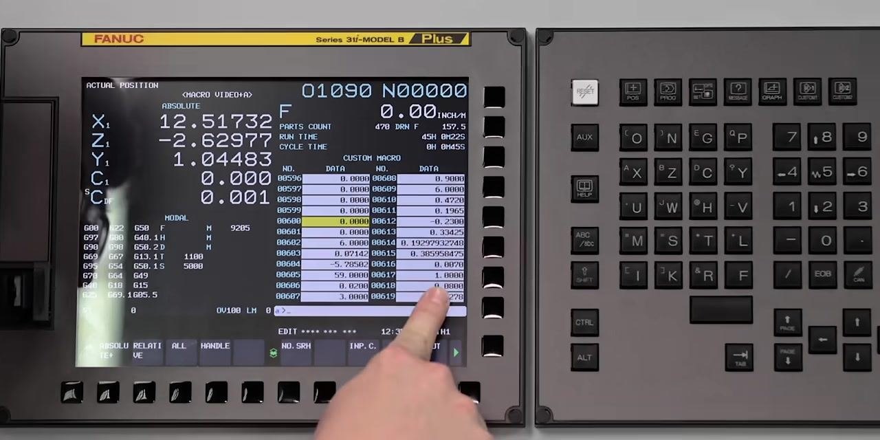 CNC control screen showing the CUSTOM MACRO table with "DATA EMPTY" highlighted to indicate available variables