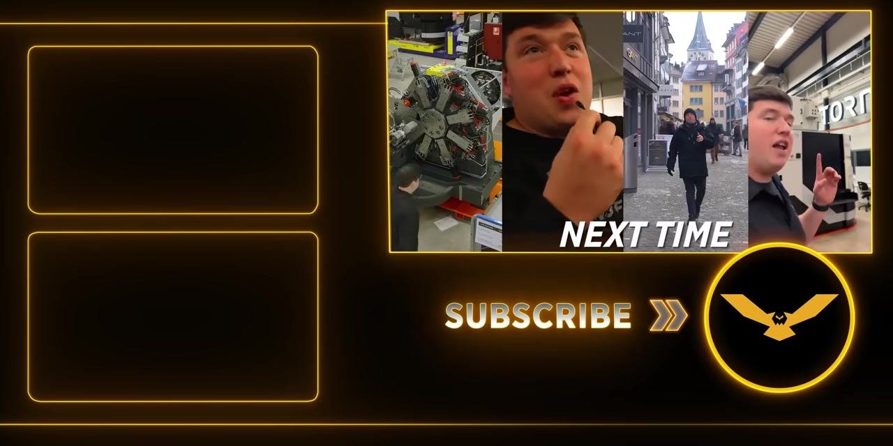 Preview clips: airplane wing, colorful display, person in winter coat in a European city, presenter in CNC shop, with "NEXT TIME" and "SUBSCRIBE" prompts.