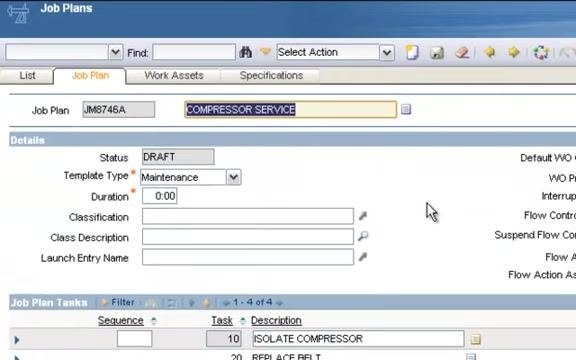 Job plan screen with the Work Assets tab active, showing fields for location, asset, and item, with the asset field filled in as 11300UM.