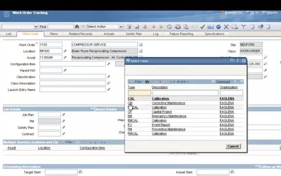 Select Value dialog open in the Work Order Tracking screen, listing work types such as CAL, CM, CT, CR, and EM, with CM being selected for Corrective Maintenance.