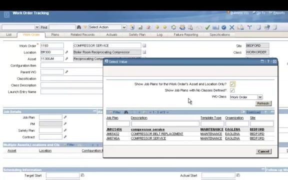 Select Value dialog for job plans, showing filter checkboxes and a list of job plans with descriptions, template types, organizations, and sites.