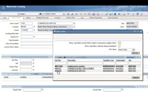 User selecting the job plan JM67546 (COMPRESSOR SERVICE) from the list in the Select Value dialog.