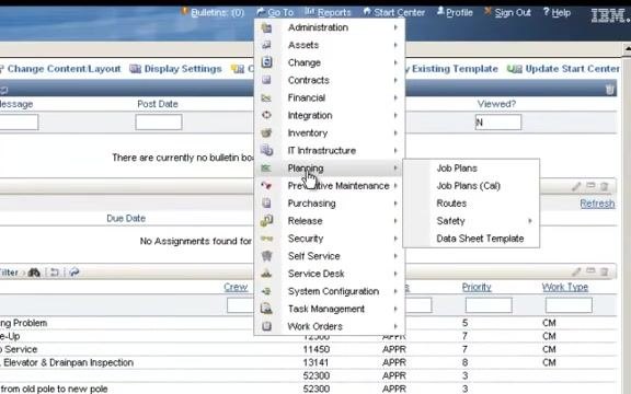 Maximo "Go To" dropdown menu expanded, with the cursor highlighting Planning > Job Plans alongside other modules such as Administration, Assets, and Contracts.