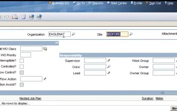 Job Plan creation screen showing the Organization field populated as EAGLENAT, the Site field populated as BEDFORD, and the Responsibility section below, with the cursor in the Site field.