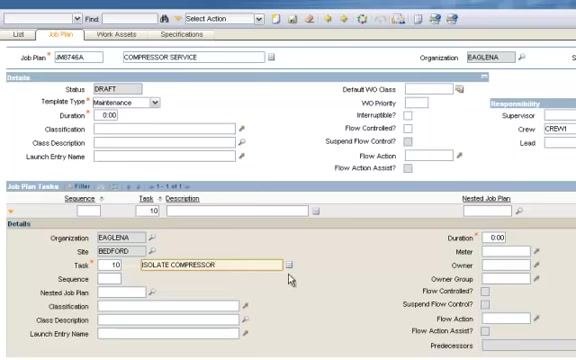 Job Plan Tasks section with Task 10 entered and the Description field showing "ISOLATE COMPRESSOR."