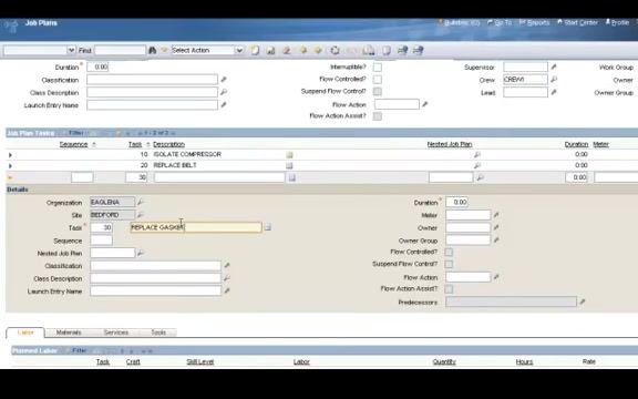 Job Plan Tasks section showing three tasks listed: 10 ISOLATE COMPRESSOR, 20 REPLACE BELT, and 30 REPLACE GASKET.