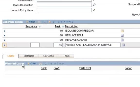 Job Plan screen with the task detail section expanded, showing the orange detail button located to the left of the task list.