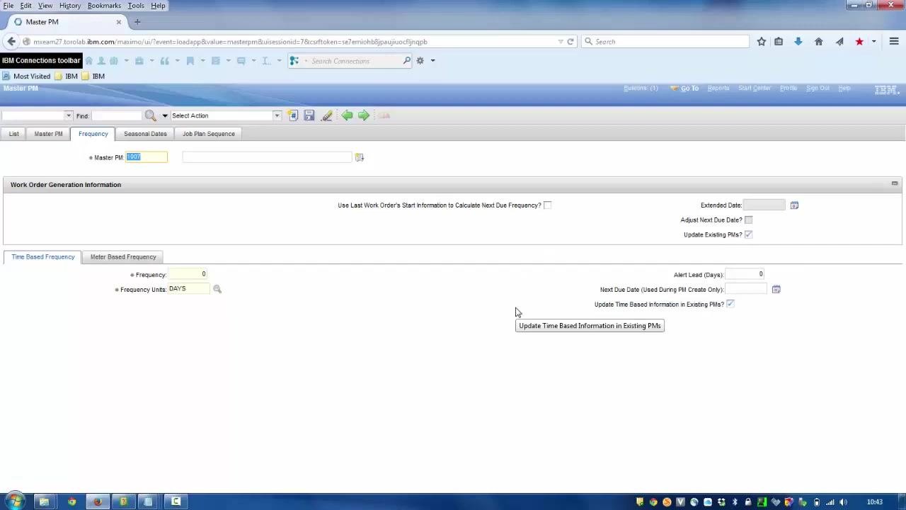 Master PM Frequency tab showing the Update Existing PMs? and Update Time Based Information in Existing PMs? checkboxes, with the fields that will cascade when checked.