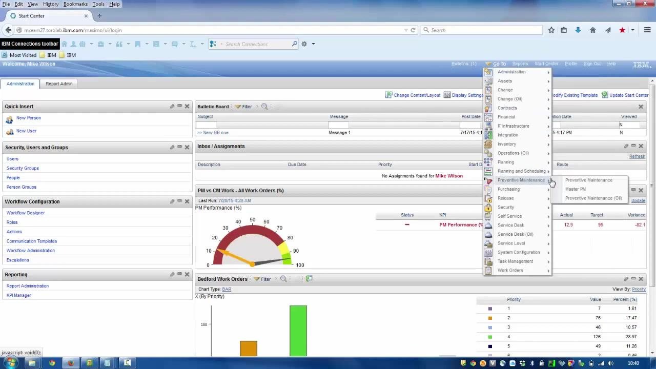 Expanded Go To menu showing the Preventive Maintenance and Master PM options.