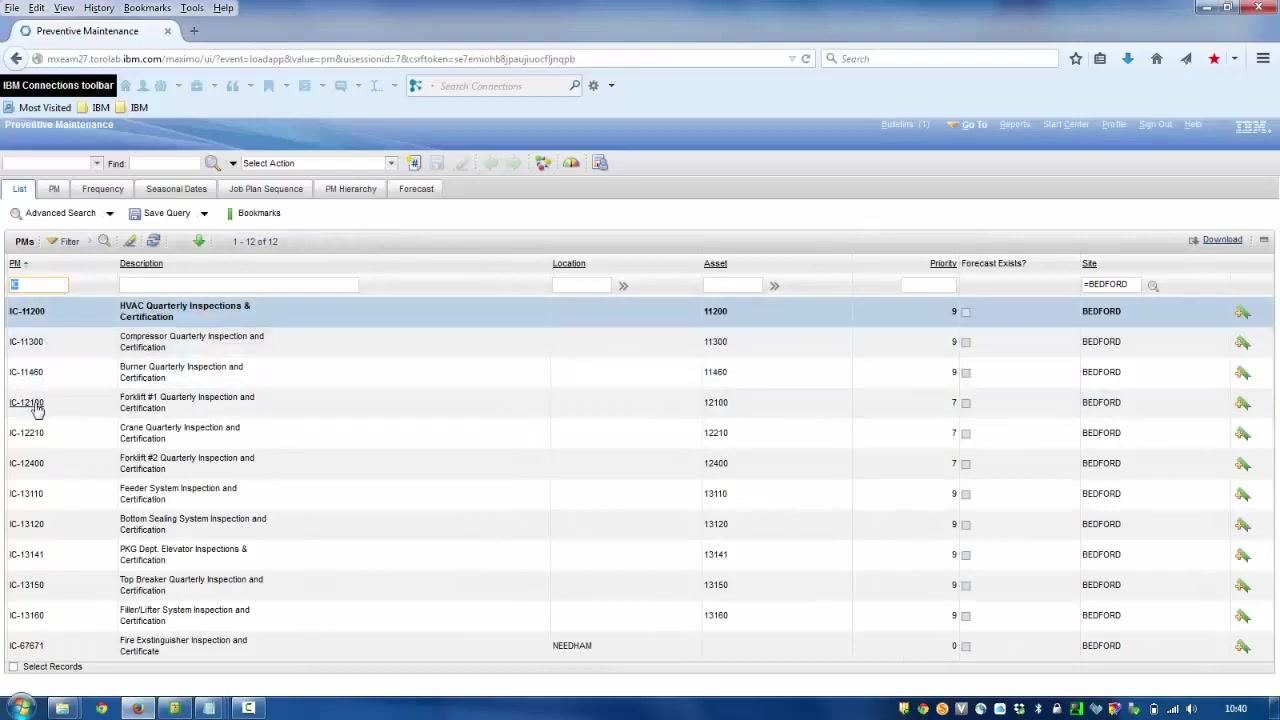 Preventive Maintenance application showing a list of PM records with columns for PM, Description, Location, Asset, Priority, Forecast Exists, and Site.