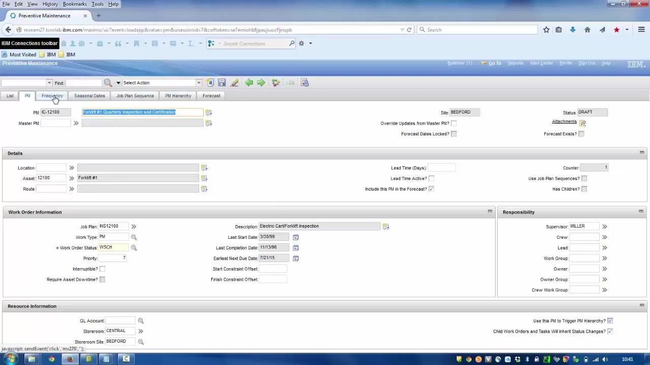 Frequency tab of a PM record showing Frequency = 90, Frequency Units = DAYS, and other work order generation information.