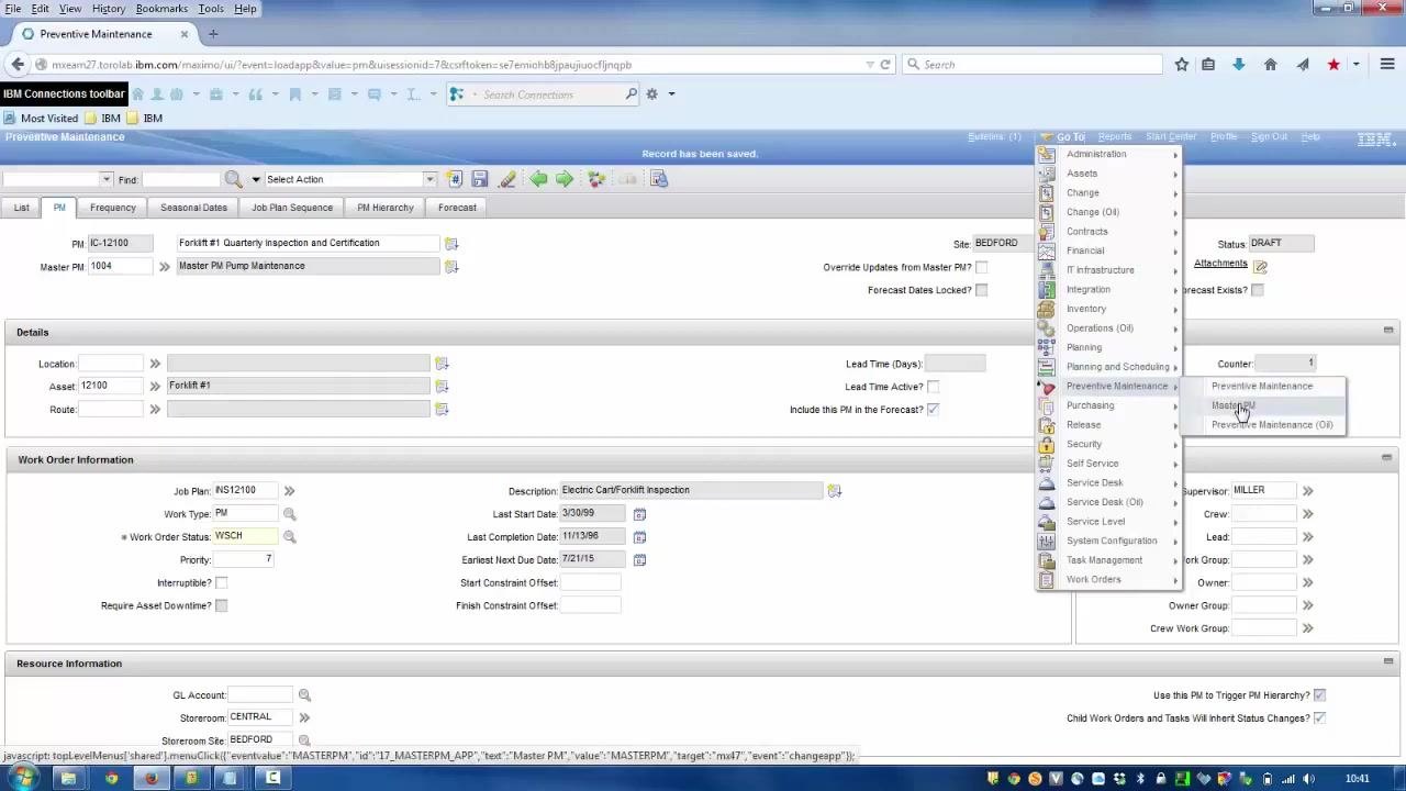 PM details screen with the Master PM field filled in as 1004, and the record saved.