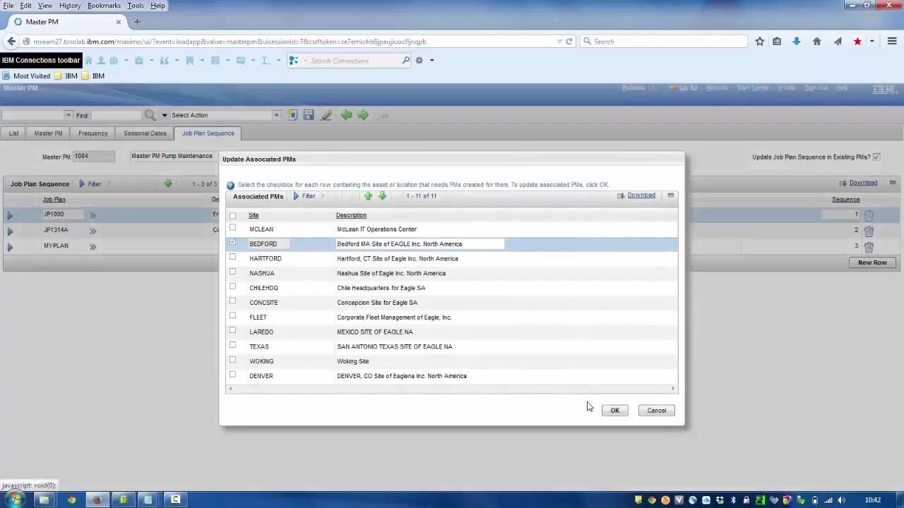 Master PM Job Plan Sequence tab showing three job plans — JP1000, JP1314A, and MYPLAN — with their descriptions and sequence numbers.