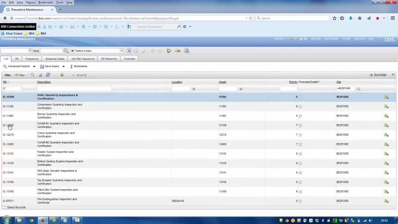 Update Associated PMs dialog with a list of sites, BEDFORD selected, and the OK and Cancel buttons visible.