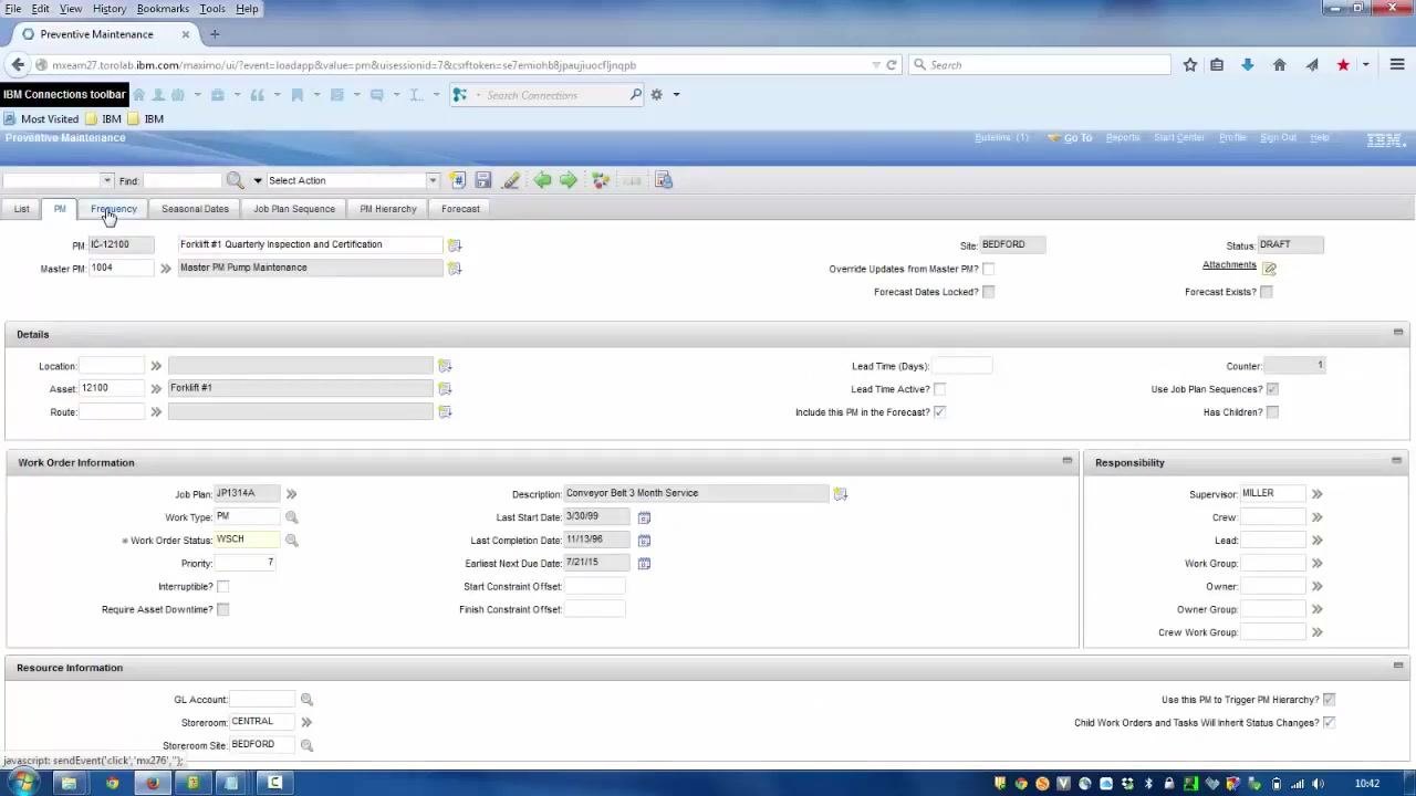 Preventive Maintenance record for IC-12100, Frequency tab showing Frequency = 110, Frequency Units = DAYS, and Master PM = 1004.