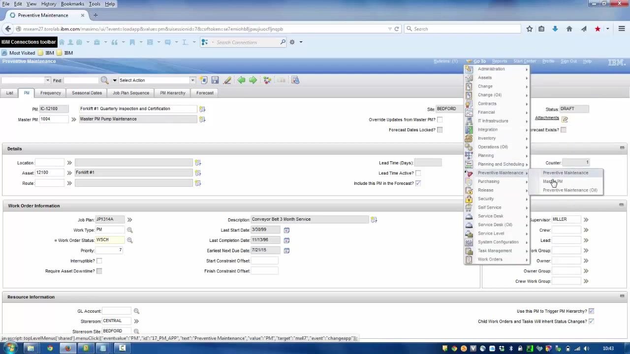 Preventive Maintenance record Job Plan Sequence tab showing three job plans matching the Master PM.