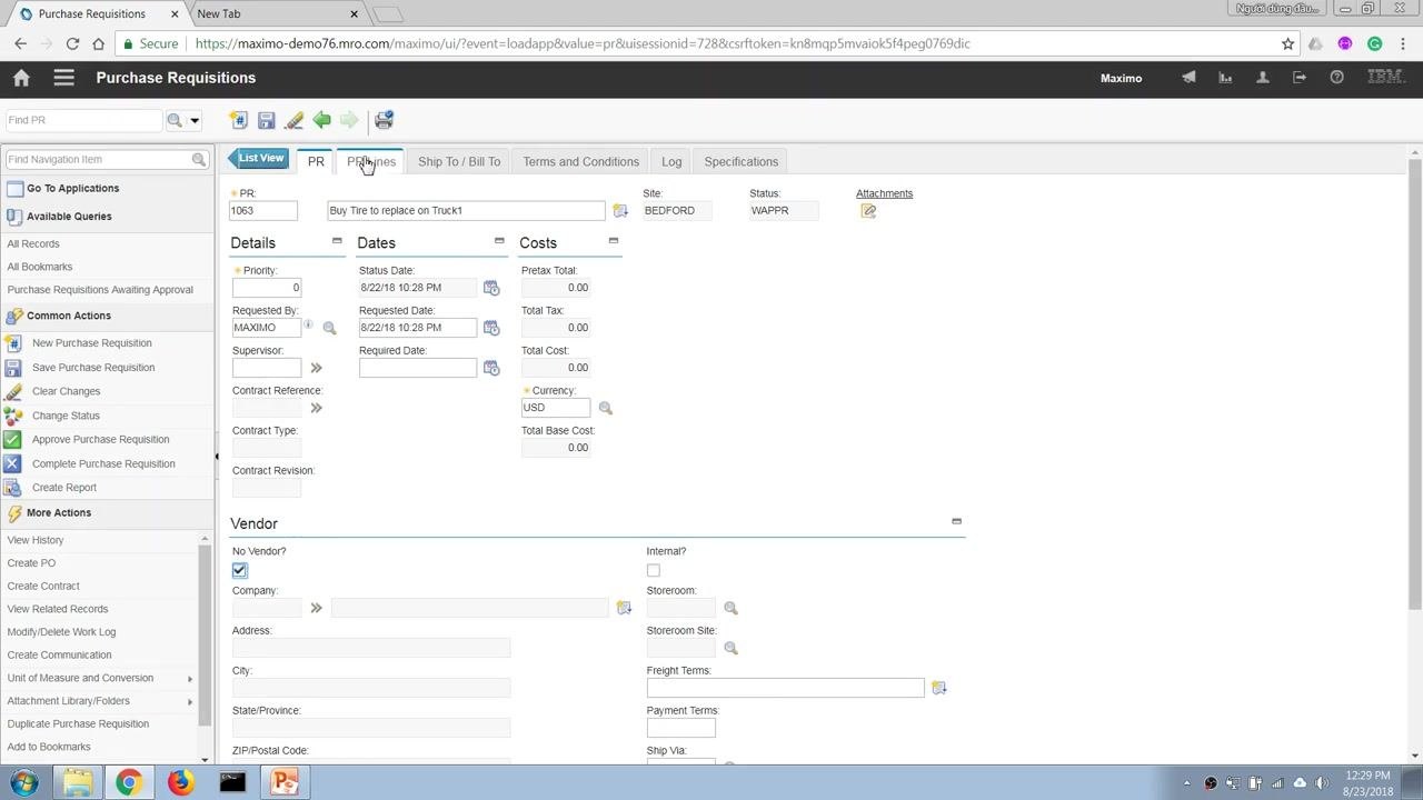 The Purchase Requisitions screen with the PR Lines tab about to be selected, ready to add new items to the requisition.