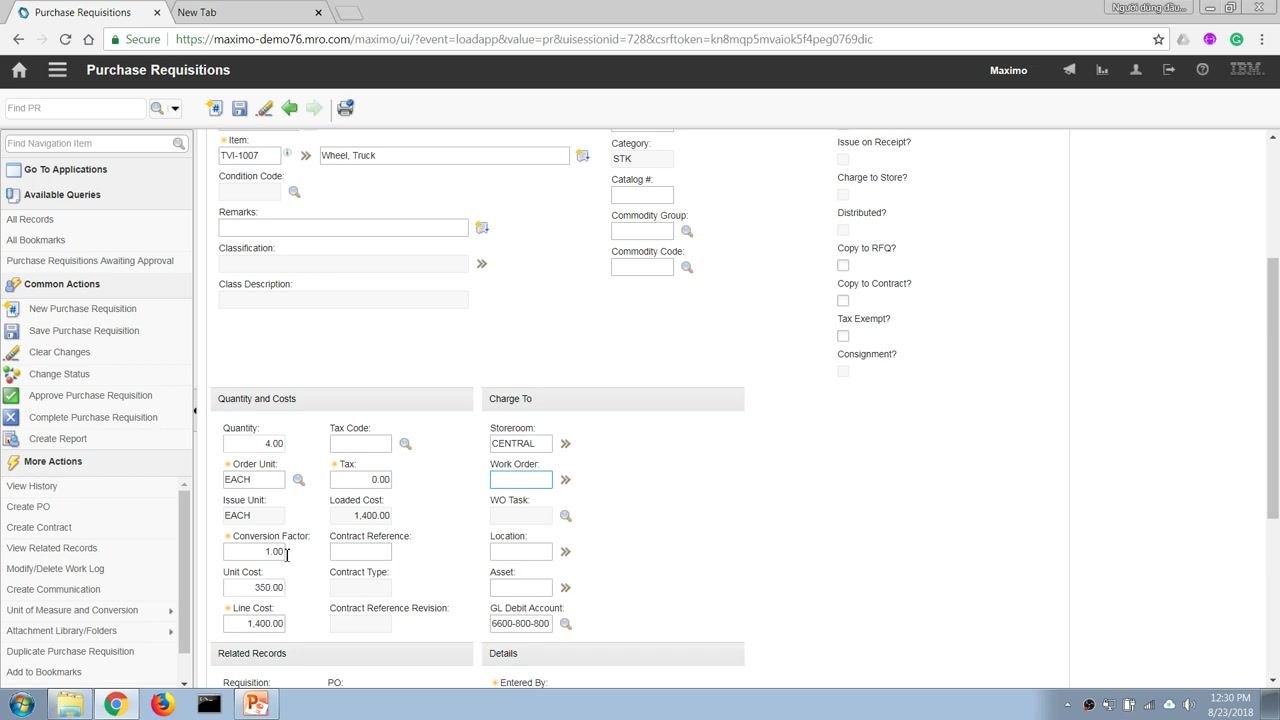 Purchase Requisitions screen showing item TV-1007 (Wheel, Truck), quantity 4, unit cost 350, line cost 1,400, and category STK. Charge To section shows storeroom CENTRAL.