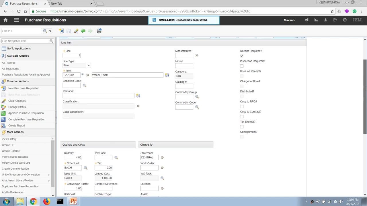 Purchase Requisitions screen with storeroom set to CENTRAL, indicating delivery location.