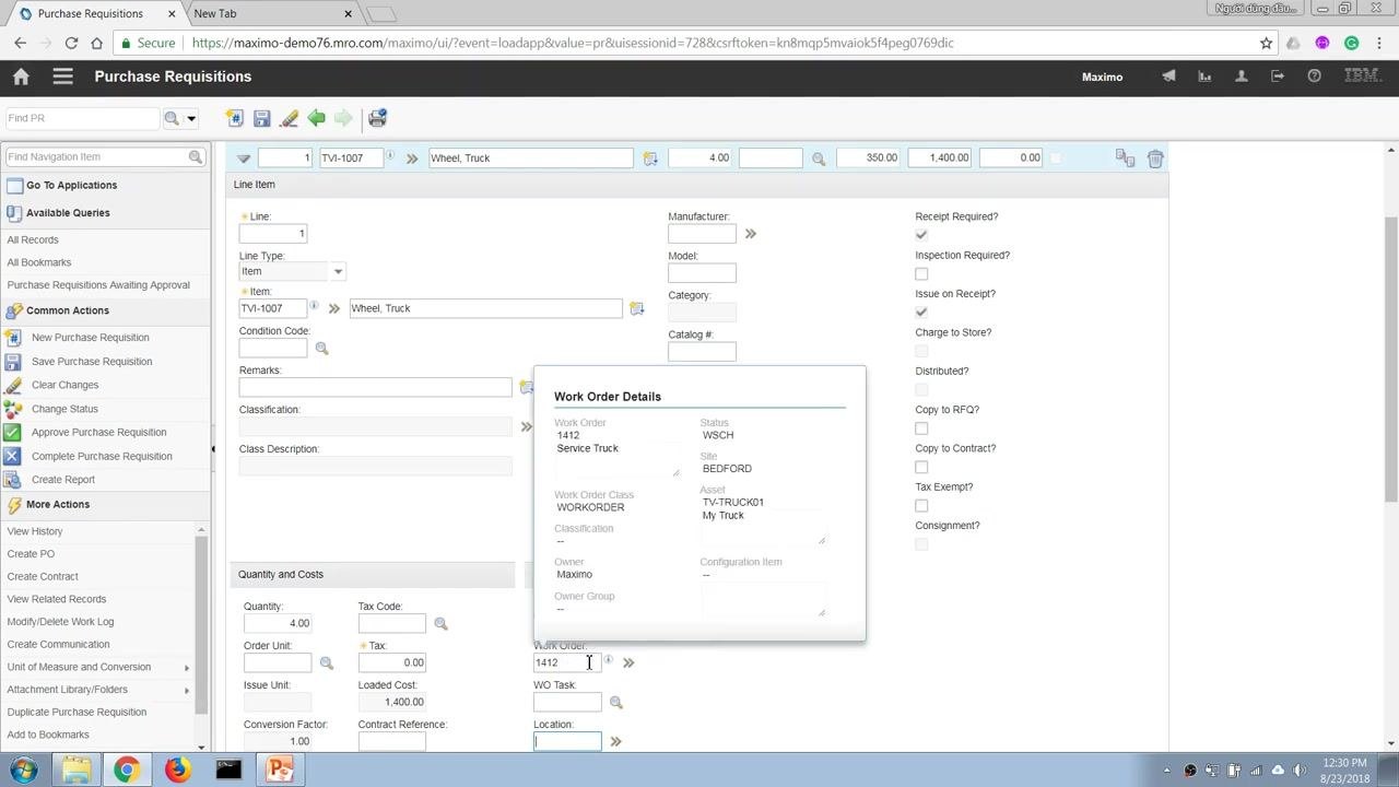 Purchase Requisitions screen with storeroom blank and work order 1412 entered. Work Order Details popup is visible.