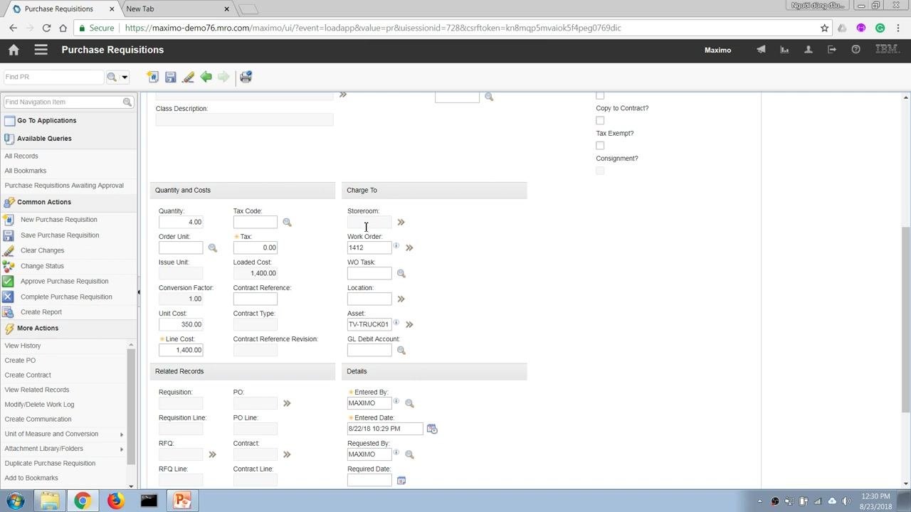 Purchase Requisitions screen showing Charge To section with storeroom blank, work order 1412, and asset TV-TRUCK01.