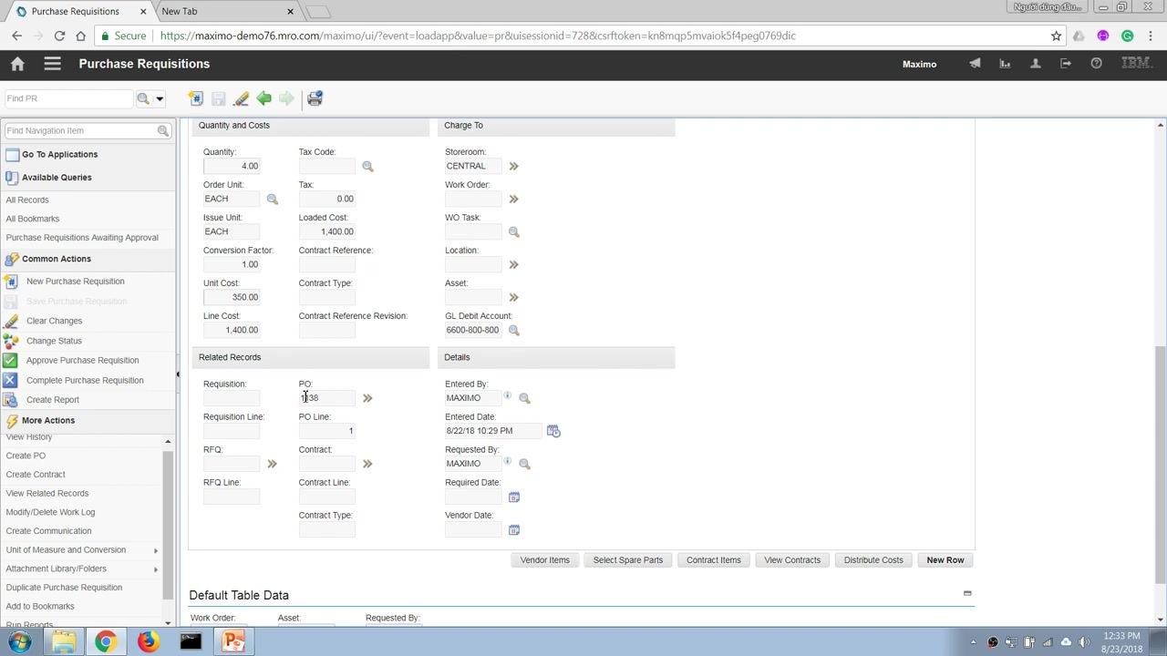 Context menu open on PR Lines item, showing Go To > Inventory and Item Master options.
