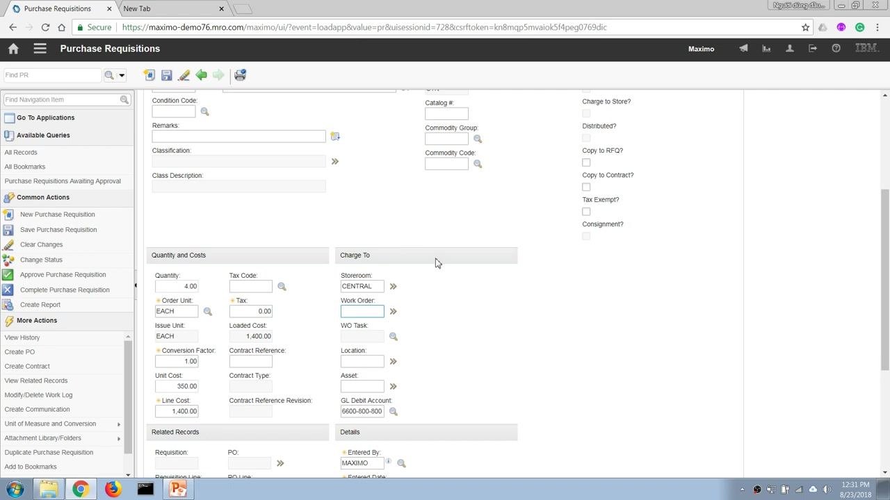 Purchase Requisitions screen with all fields filled and ready to save.