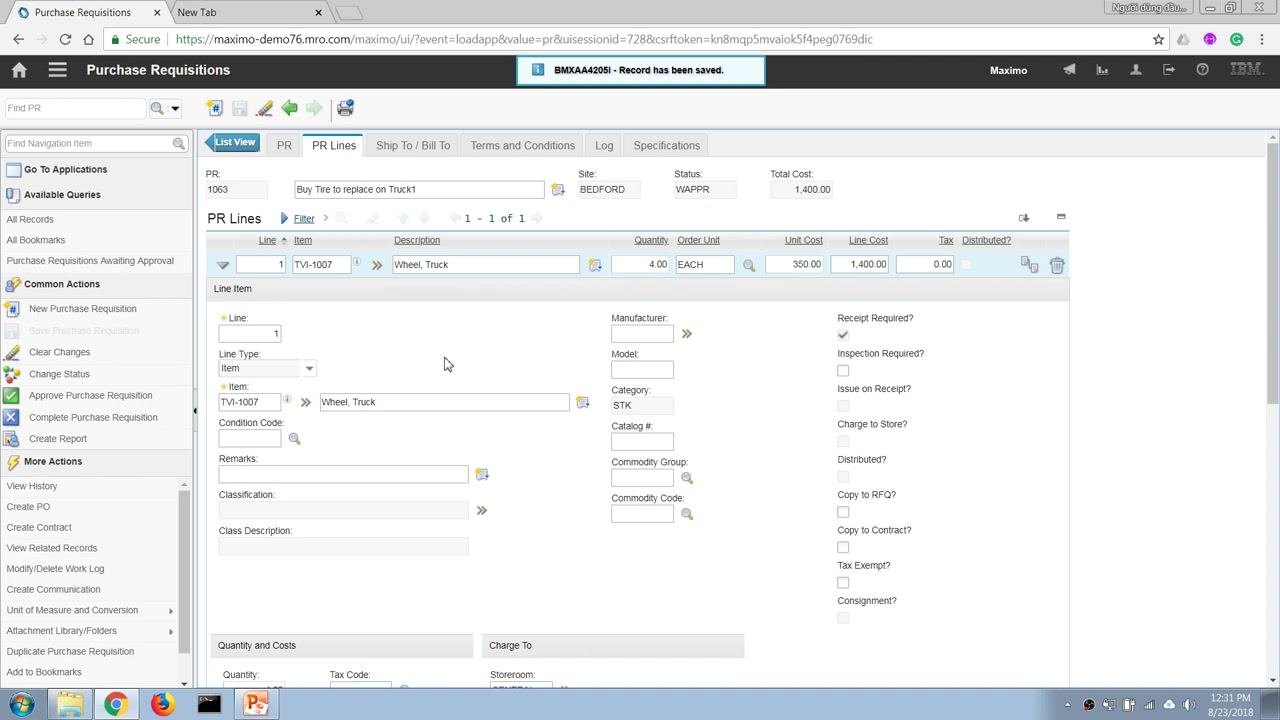 Purchase Requisitions screen showing PR 1063, item TV-1007, all line details, and status WAPPR.